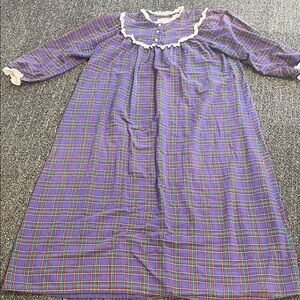 Vintage Lanz of Salzburg Flannel Nightgown Plaid Lace Trim Prairie Cottagecore